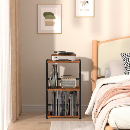 Record Player Stand, Vinyl Record Storage up to 200 Albums, 3 Tier End Table with Removable Dividers, Tall Side Table for Living Room, Bedroom, Rustic Brown, HETCD010BR-1