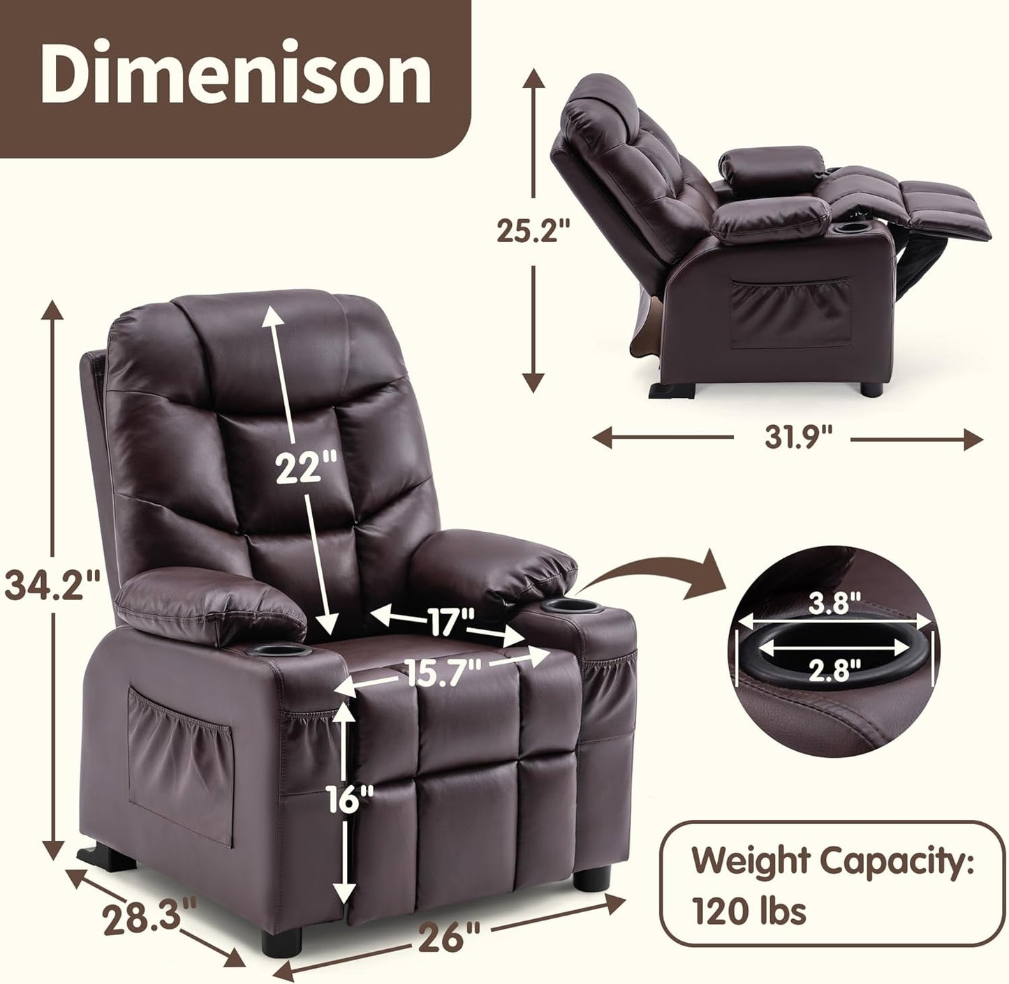 Big Kids Recliner for Ages 3+, Child Reclining Chair, Toddlers Recliner Sofa with Cup Holders (Faux Leather, Dark Brown)