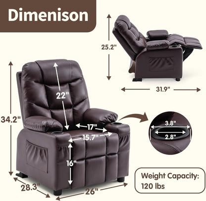 Big Kids Recliner for Ages 3+, Child Reclining Chair, Toddlers Recliner Sofa with Cup Holders (Faux Leather, Dark Brown)