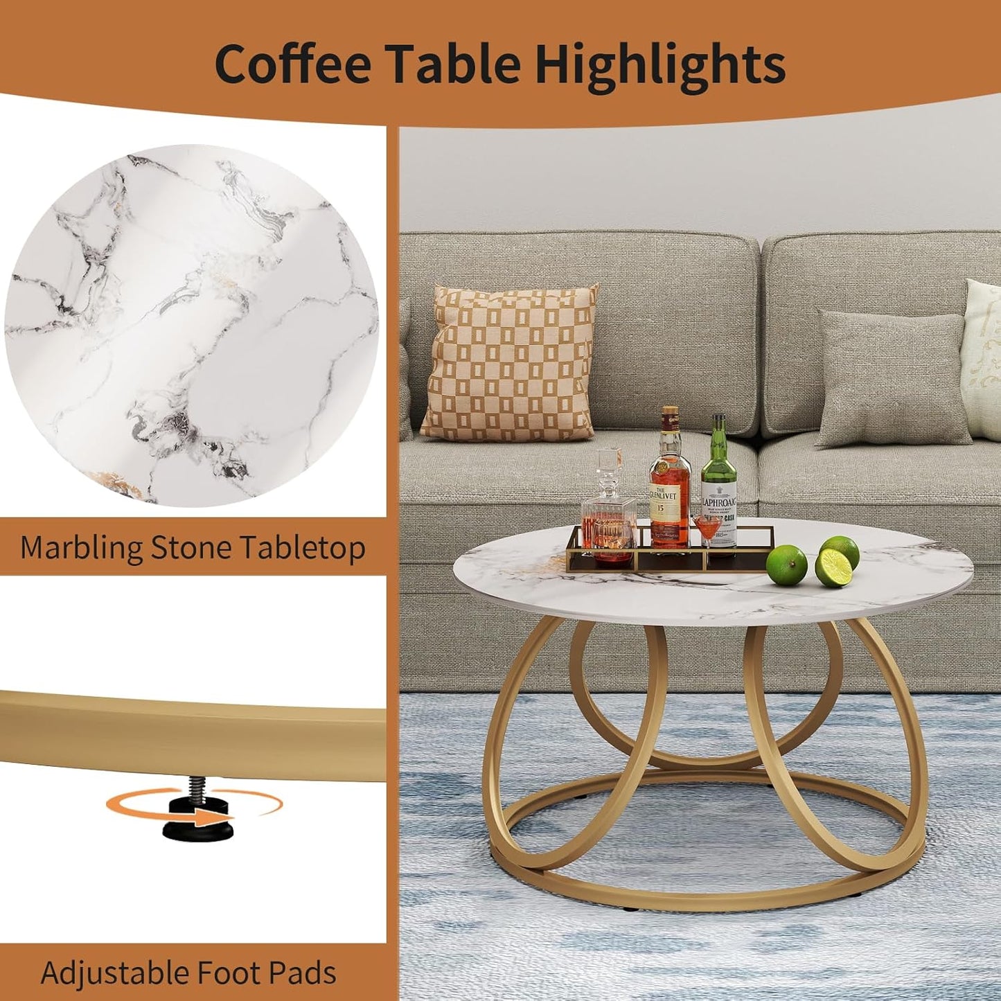round Coffee Table for Living Room, Modern Coffee Table with Marbling Natural Stone, Gold & White