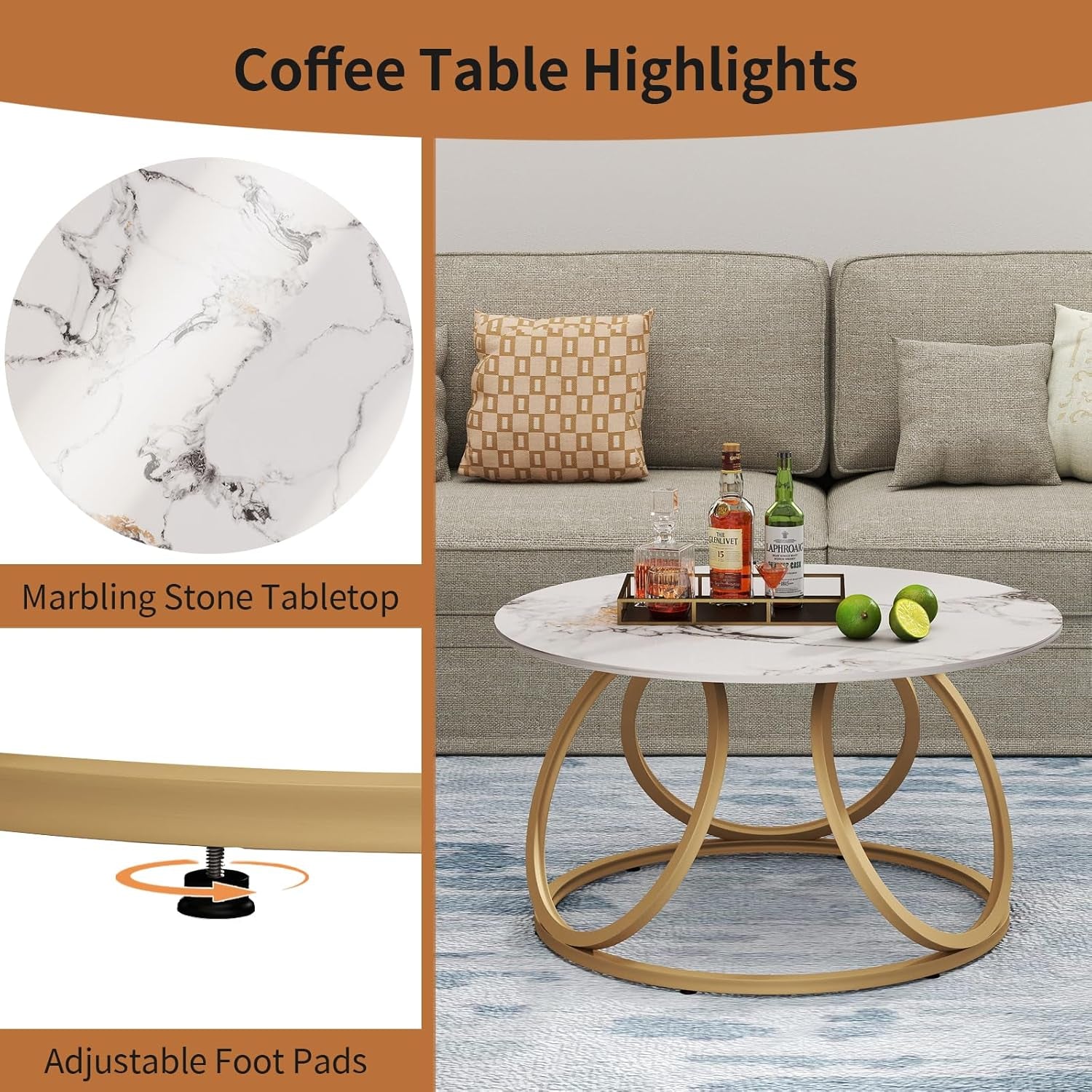 round Coffee Table for Living Room, Modern Coffee Table with Marbling Natural Stone, Gold & White