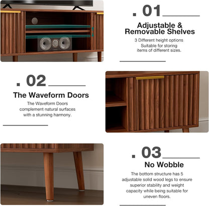 TV Stand for Living Room, Mid Century Modern Entertainment Center for 55/60 Inch Tvs, TV Console with Fluted Door Cabinets and Open Shelves, for Bedroom, Walnut