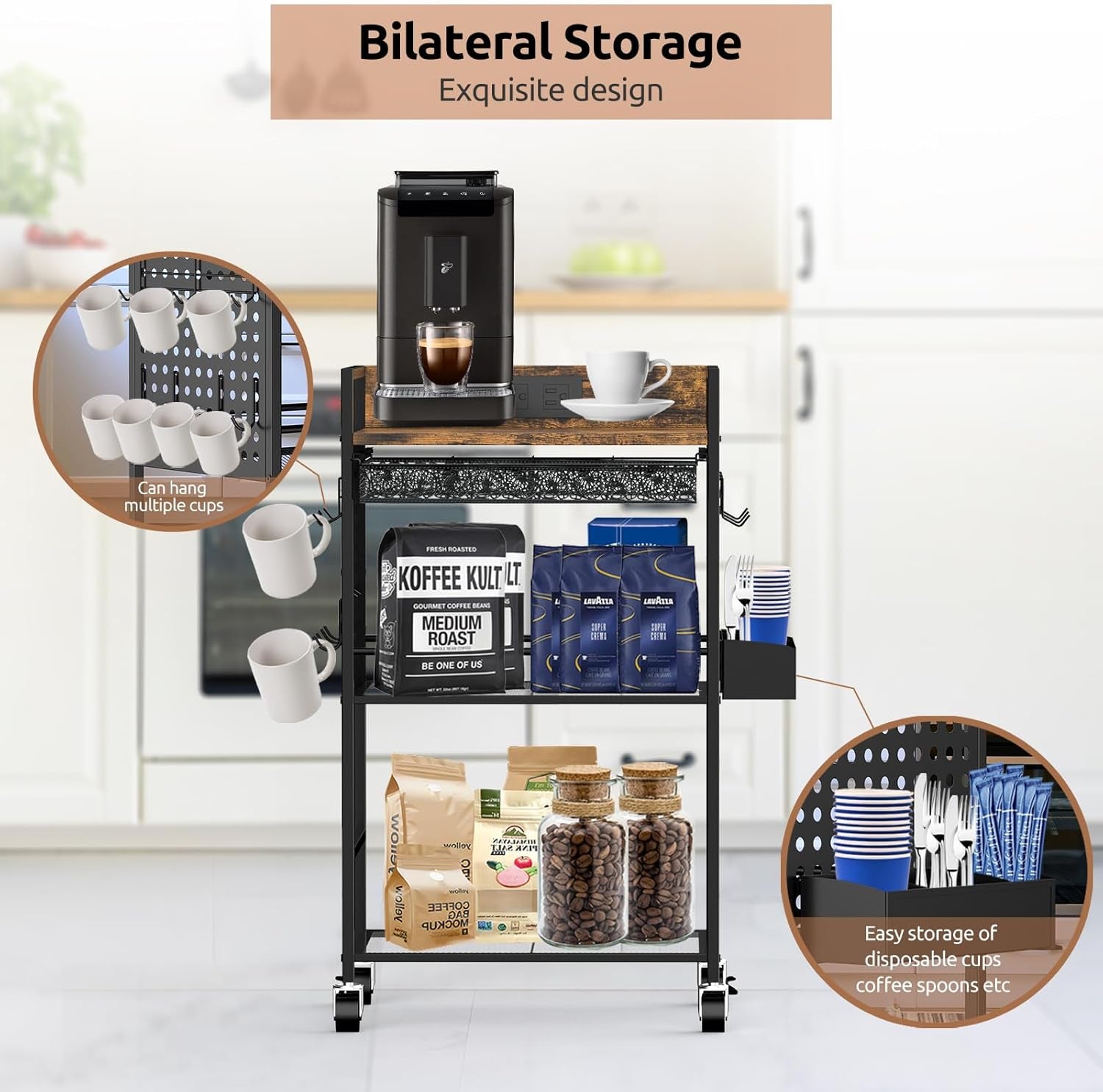 Compact Coffee Bar Cabinet with Power Outlet, Lockable Wheels, and Storage Drawer - Rustic Brown & Black for Office, Living Room, or Small Spaces