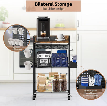 Compact Coffee Bar Cabinet with Power Outlet, Lockable Wheels, and Storage Drawer - Rustic Brown & Black for Office, Living Room, or Small Spaces