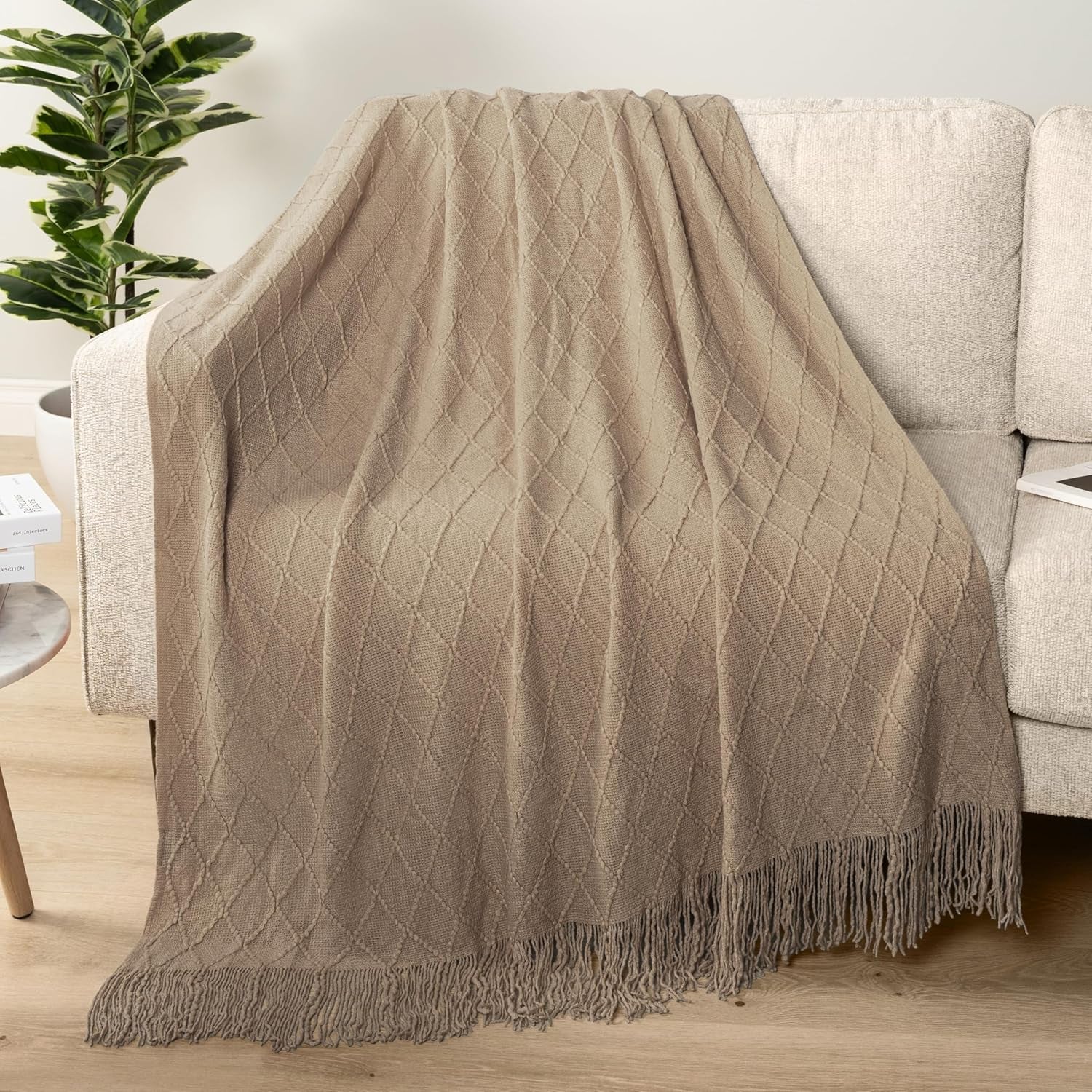 Tan Taupe Knit Throw Blanket for Couch Bed, Soft Knitted Farmhouse Sofa Throw for Living Room, Lightweight Decorative Fall Throw Blanket for Chair, Outdoor Textured Boho Blanket, 50X60