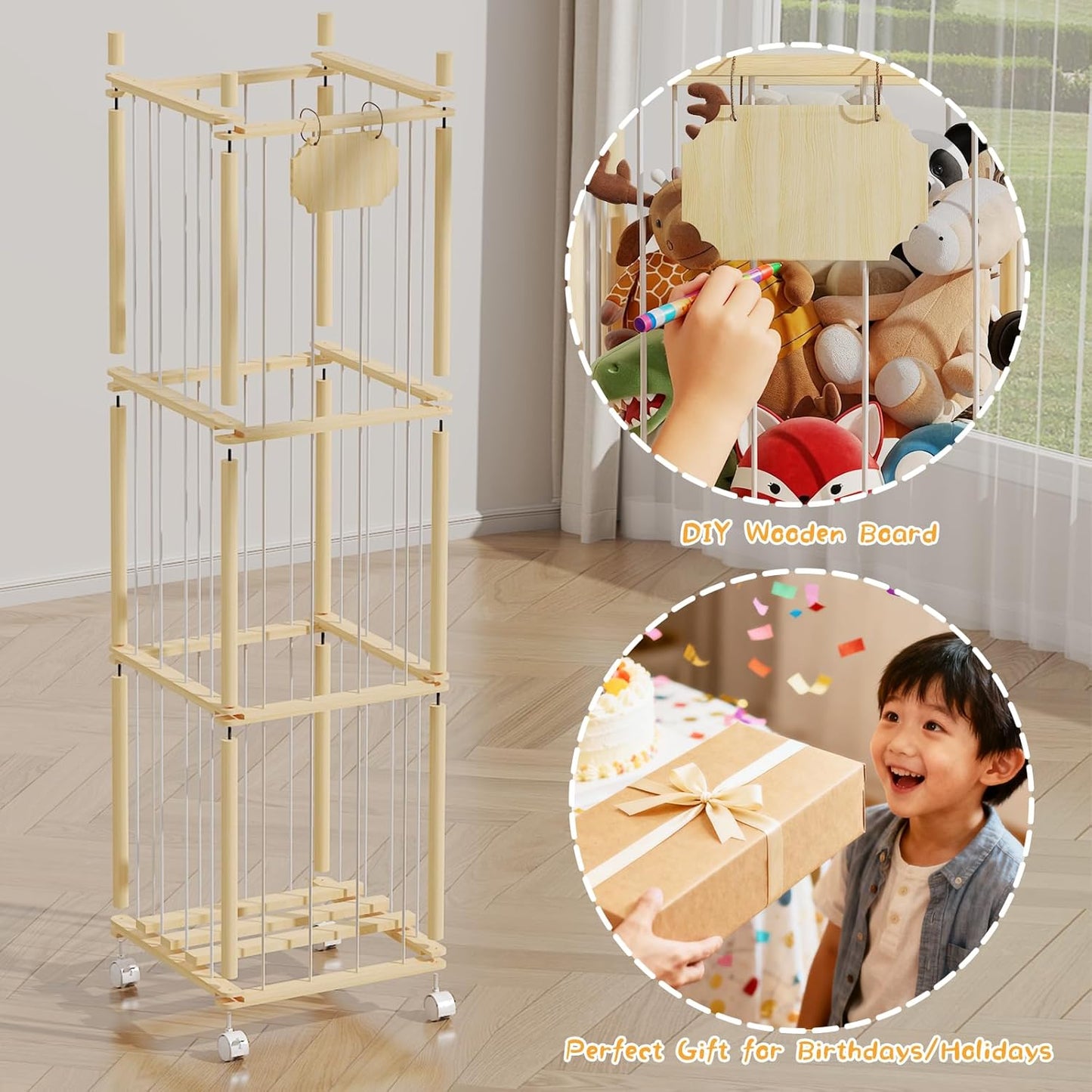 Stuffed Animal Storage & Organizer with Wheels, 225QT Oversize Zoo Toy Holder with Hammock Baby Hanging Storage Net, Giant Plush Toy Organizer for Toddler Rooms,Playroom16.5"L*16.5W*53"H(3Layer)