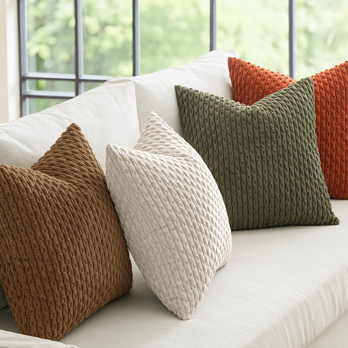 Fall Throw Pillow Covers Soft Couch Decorative Set of 4 Boho Striped Cushion Covers Corduroy Pillowcases Farmhouse Home Decor for Couch Bed Sofa Living Room 18X18 Inch Camel Green