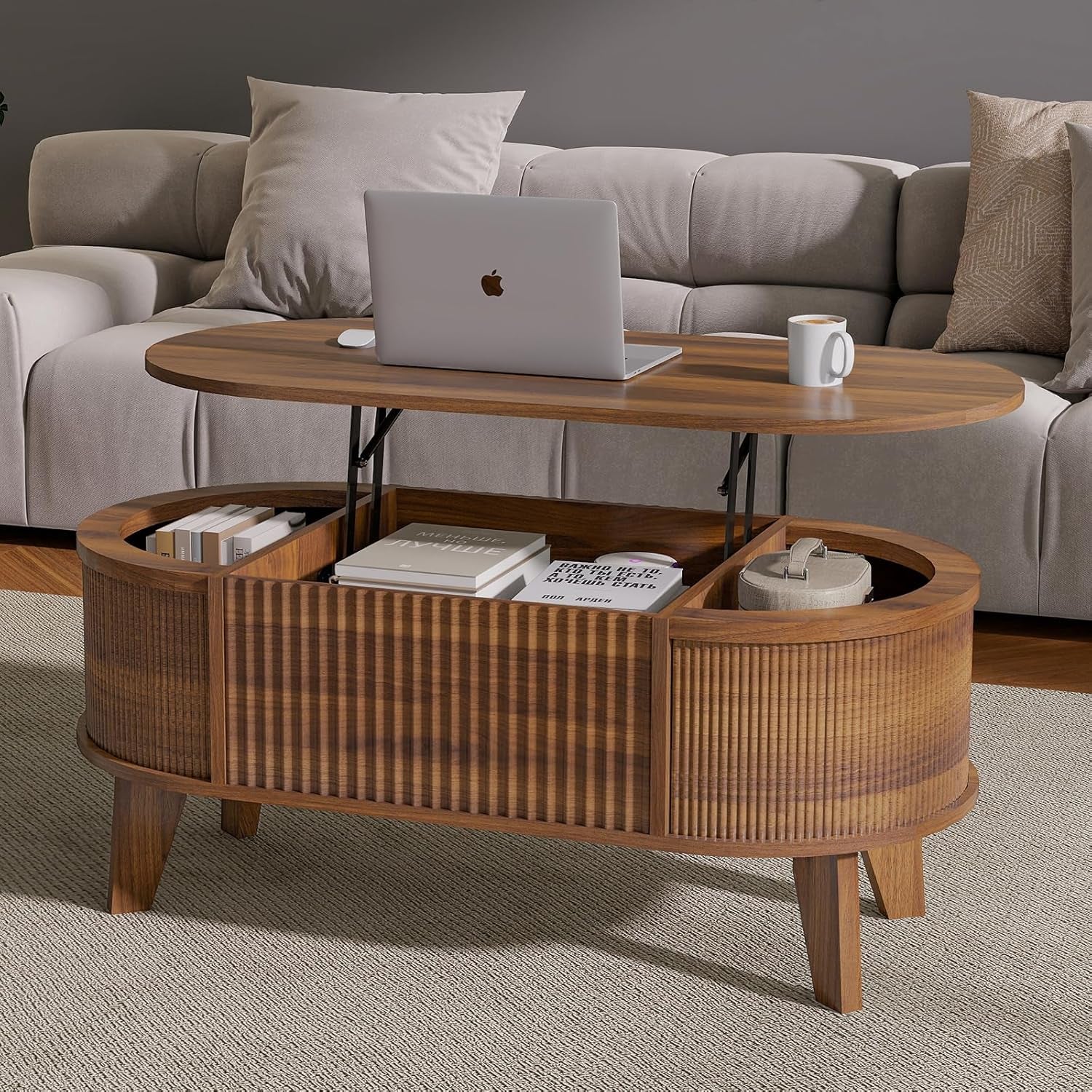 Fluted Lift Top Coffee Table with Storage,Modern Oval Coffee Table for Living Room or Home Office（Walnut）