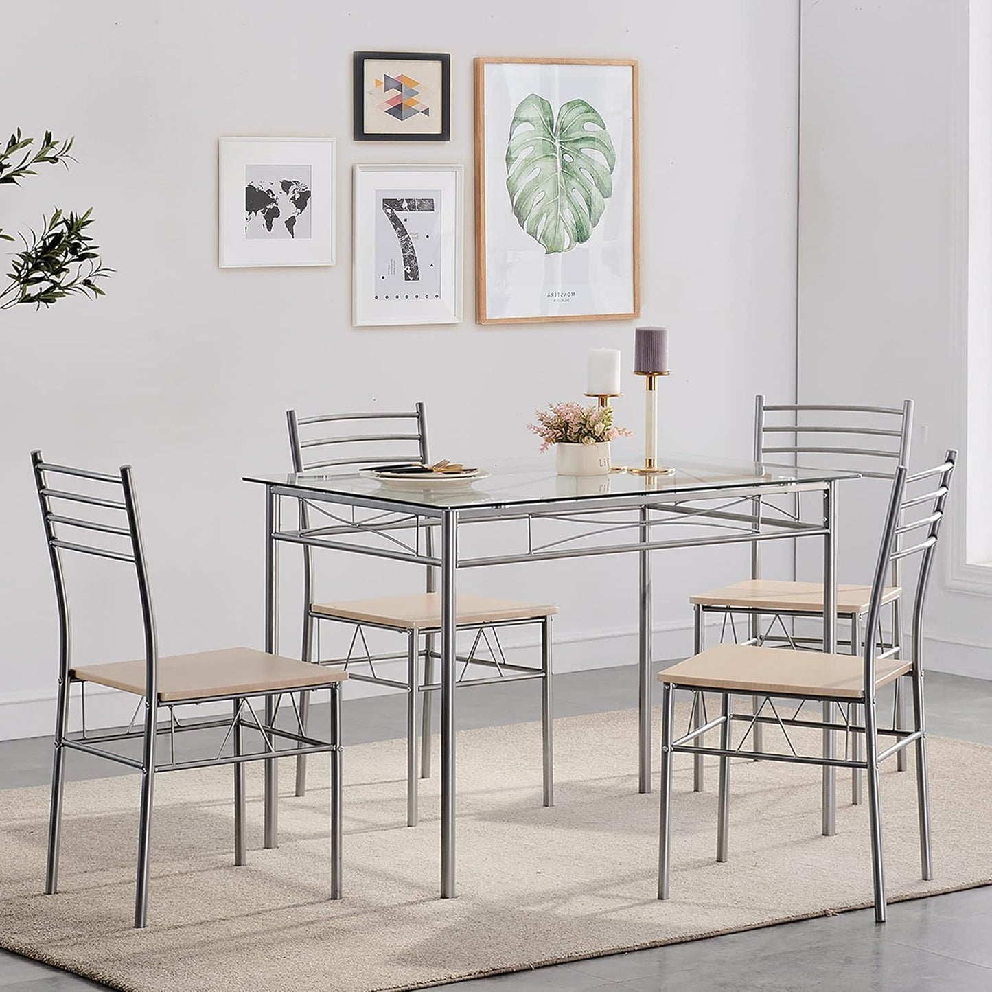 Kitchen Dining Room Table and Chairs for 4, 5-Piece Dinette Sets, Space Saving, Burnished Silver