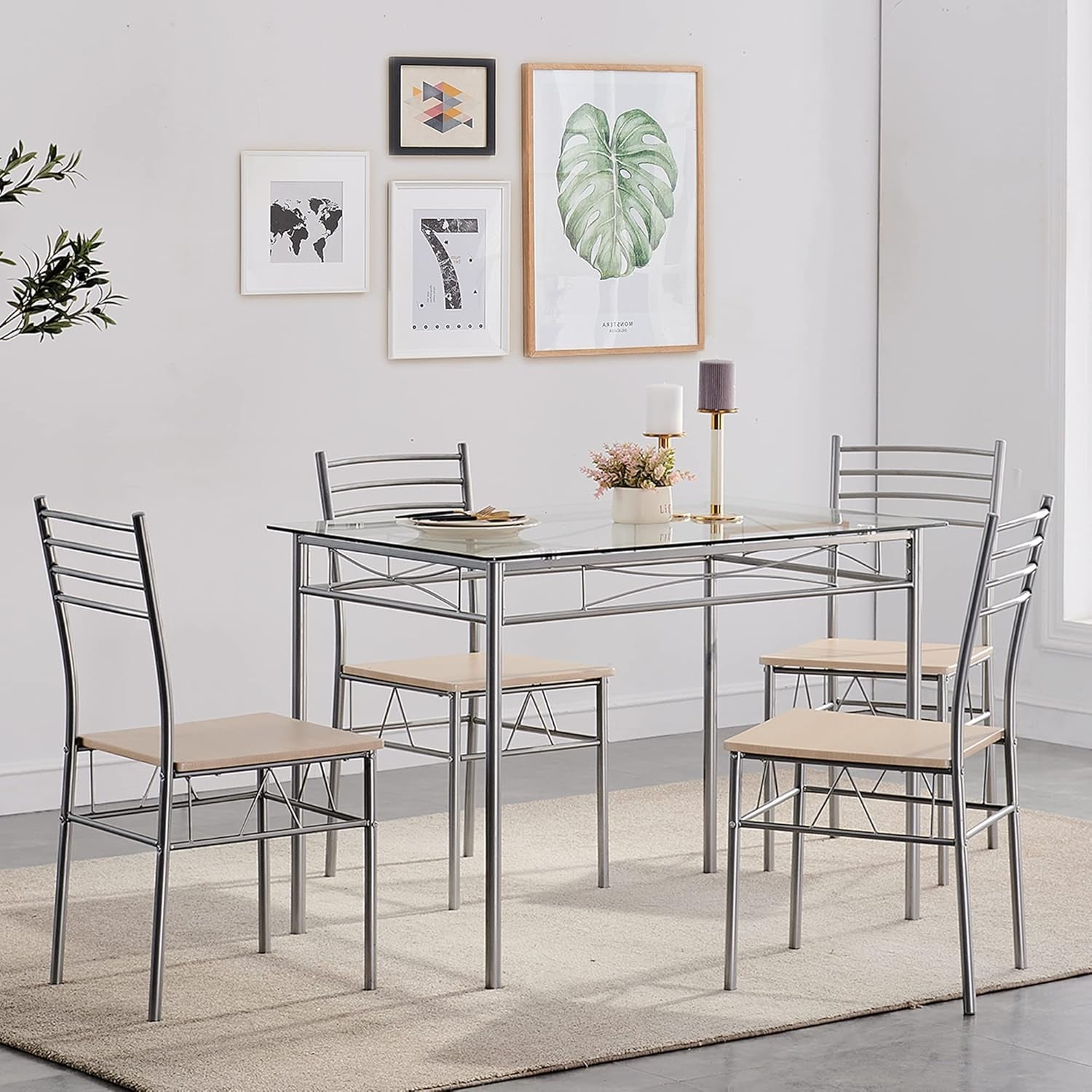 Kitchen Dining Room Table and Chairs for 4, 5-Piece Dinette Sets, Space Saving, Burnished Silver