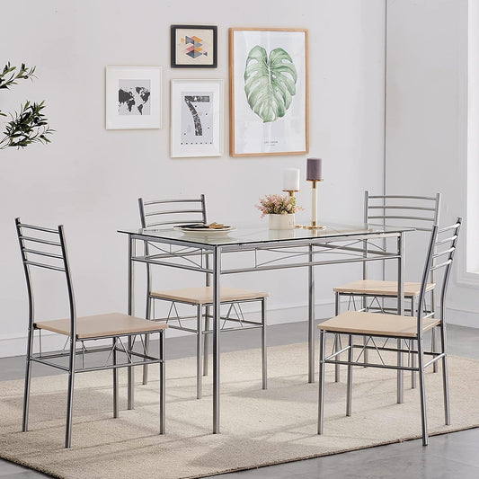 Kitchen Dining Room Table and Chairs for 4, 5-Piece Dinette Sets, Space Saving, Burnished Silver