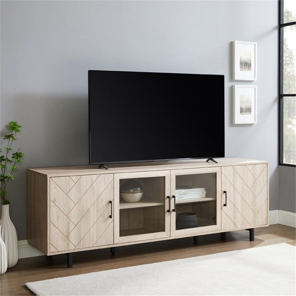 Harper Modern 4 Door Herringbone Stand for Tvs up to 80 Inches, 70 Inch, Birch
