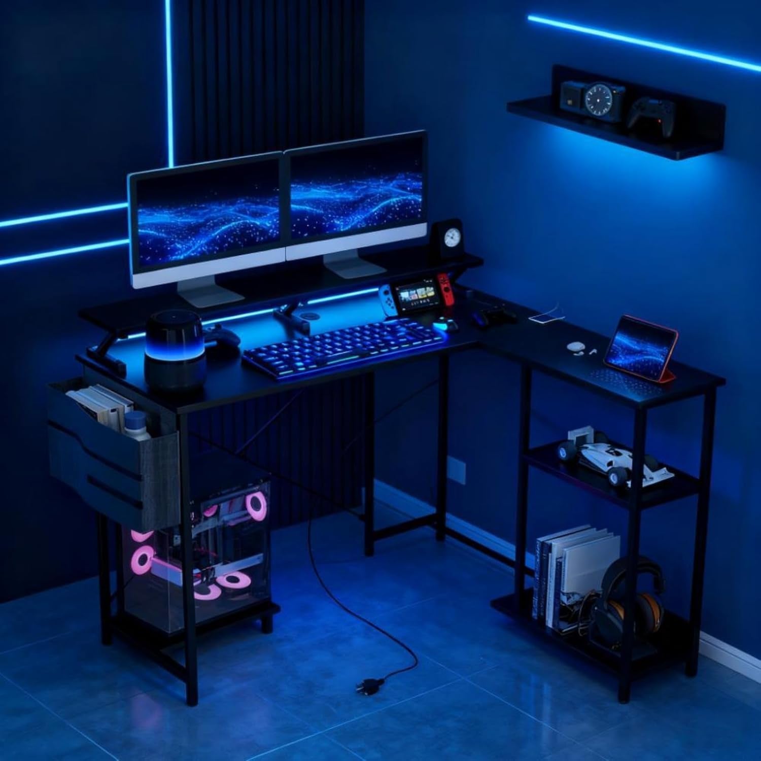 Reversible L Shaped Computer Desk with Built-In Charging Station and RGB LED Light, Home and Office Corner Desk with Ergonomic Monitor Stand