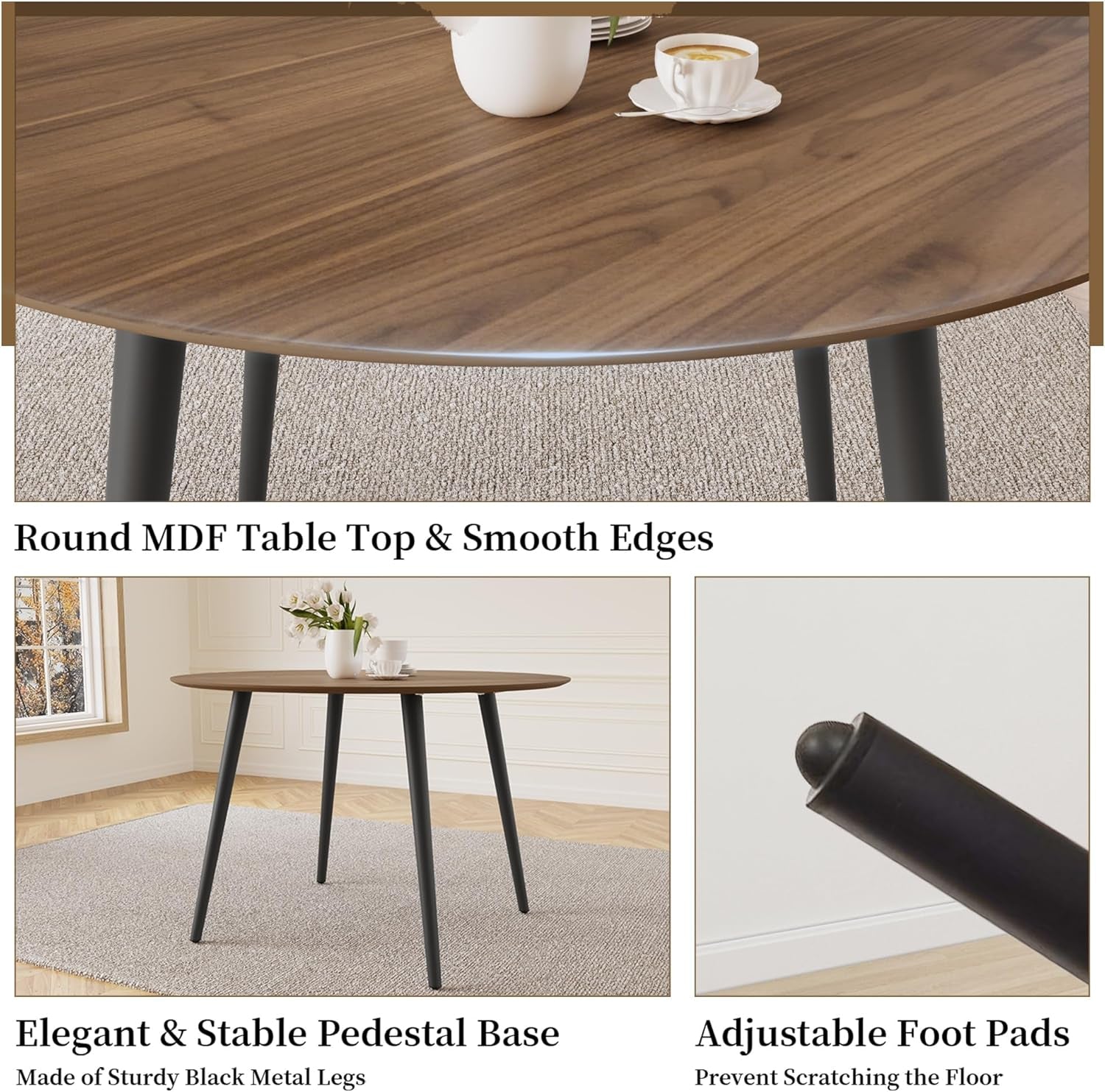 43.3 Inch round Dining Table Set for 4, Modern Small Kitchen Coffee Set for Dining Room Kitchen Apartment (Walnut Table + 4 White Shell Chairs)