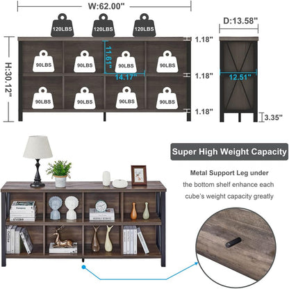 8 Cube Storage Organizer, 62 Inch Heavy Duty Horizontal Bookshelf, Industrial Long Bookcase and TV Stand for 65 Inch TV, Rustic Wood Accent Shelf for Living Room (Walnut Brown)