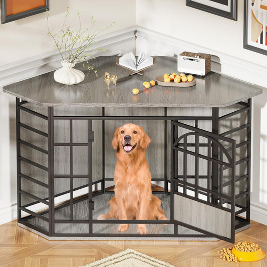 Corner Dog Crate Furniture, 52 Inch Large Dog Kennel Indoor Wooden End Table, Modern Dog Cage Decorative Pet House TV Stand for Medium Large Dogs,Grey