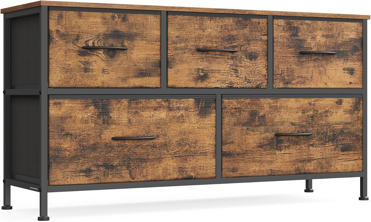 Dresser for Bedroom, Chest of Drawers, TV Stand, Steel, MDF, 5 Non-Woven Fabric Drawers, Storage Organizer Unit, Closet, Entryway, Ink Black and Ebony Black ULGS322B01S