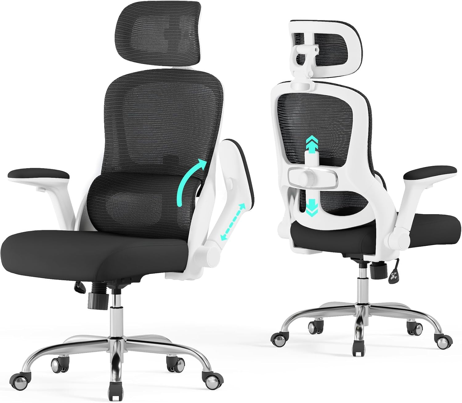 Ergonomic Office Chair - Computer Desk Chair with Adjustable Lumbar Support - 400Lbs Executive Desk Chair High Back with Headrest Flip-Up Arms for Long Hours, Rolling Chair (White Black)