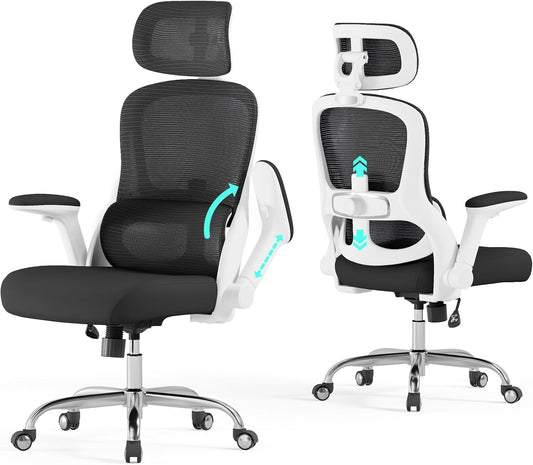 Ergonomic Office Chair - Computer Desk Chair with Adjustable Lumbar Support - 400Lbs Executive Desk Chair High Back with Headrest Flip-Up Arms for Long Hours, Rolling Chair (White Black)