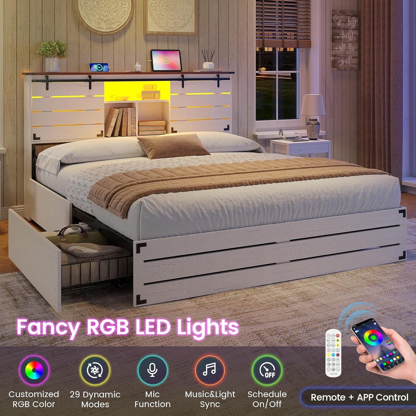 Wooden Bed Frame Queen Size with Bookcase Headboard and Sliding Barn Door, Farmhouse Queen Bed Frame with Charging Station, LED Lights and 4 Storage Drawers, No Box Spring Needed, White