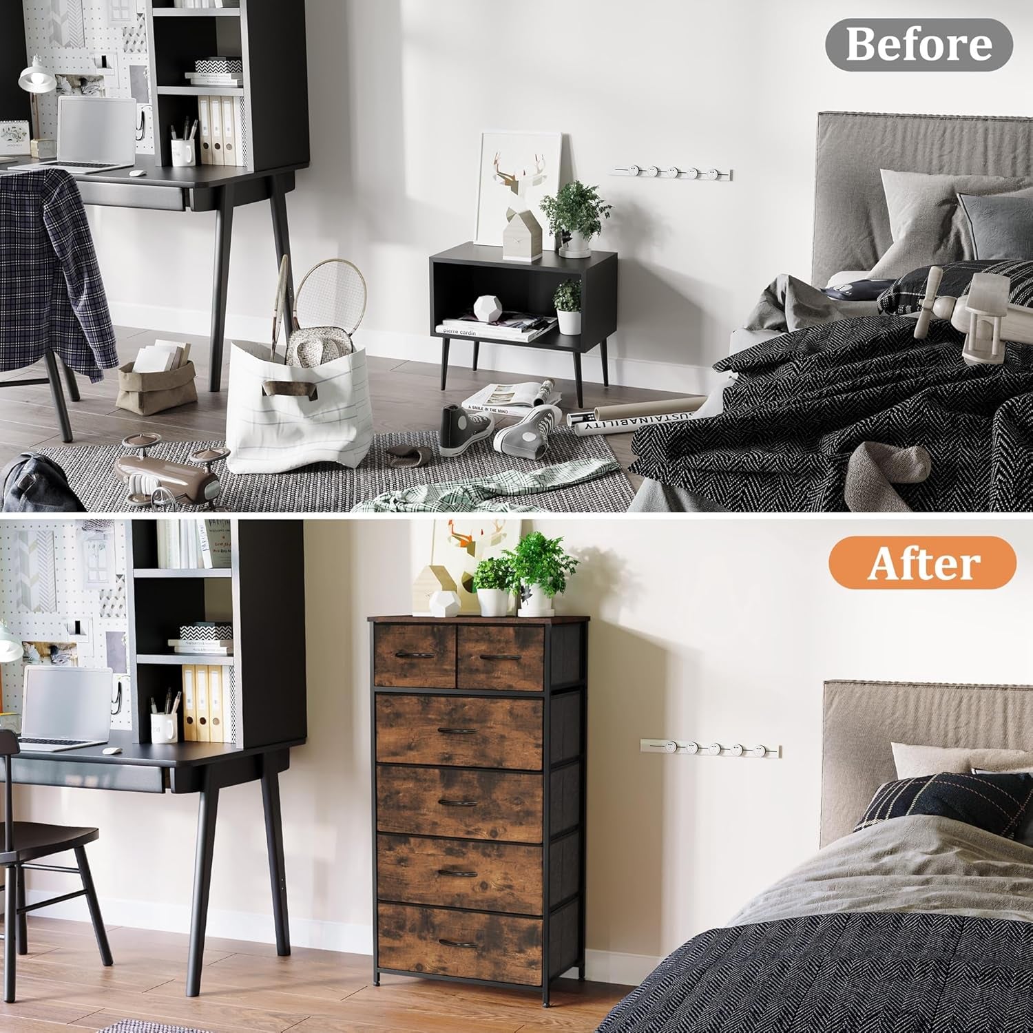 Fabric Dresser for Bedroom, Tall Skinny Dresser with 6 Drawers, Storage Organizer Tower, Steel Frame Wooden Top for Closet, Living Room, Hallway(Rustic Brown)