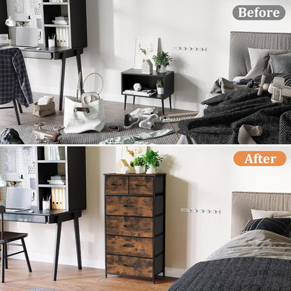 Fabric Dresser for Bedroom, Tall Skinny Dresser with 6 Drawers, Storage Organizer Tower, Steel Frame Wooden Top for Closet, Living Room, Hallway(Rustic Brown)