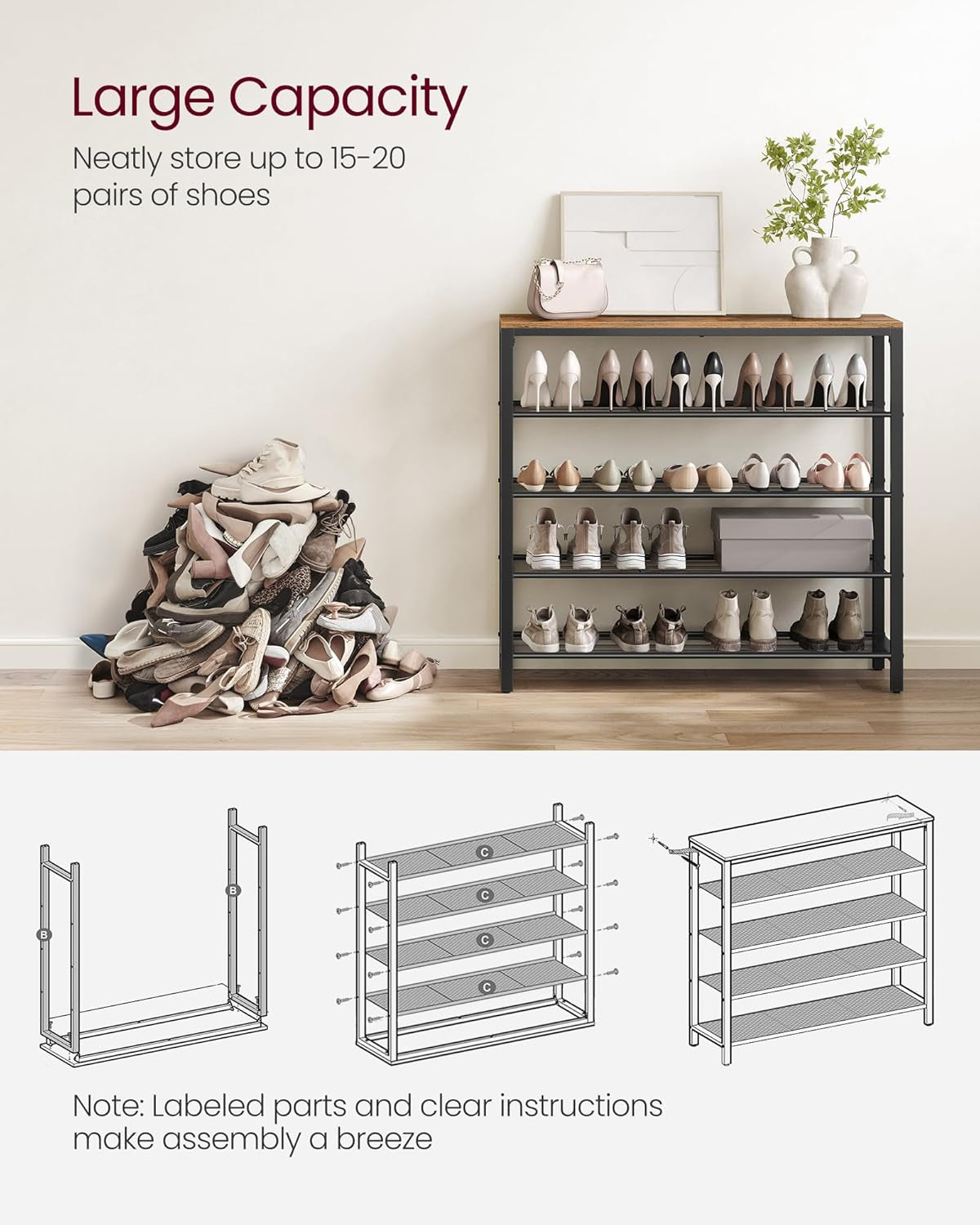 Shoe Rack, 5-Tier Shoe Storage Organizer with 4 Metal Mesh Shelves for 16-20 Pairs and Large Surface for Bags, for Entryway, Hallway, Closet, Industrial, Rustic Brown and Black ULBS15BX