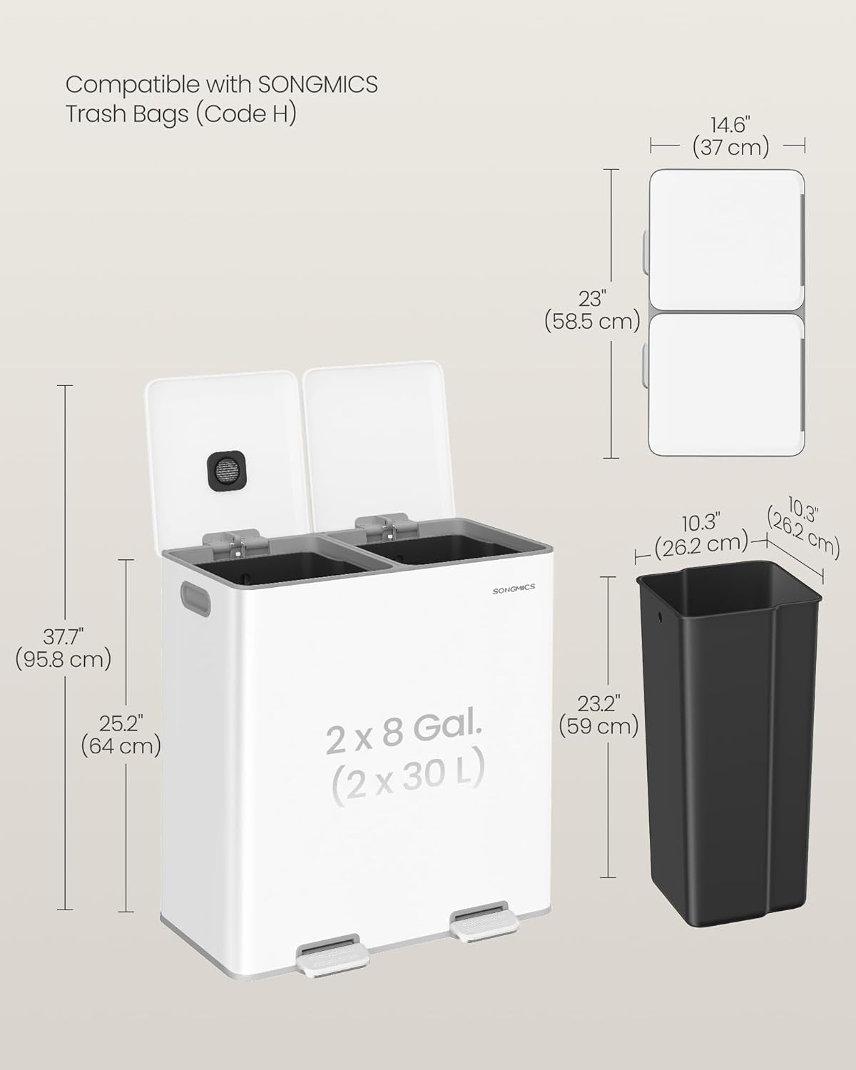 Trash Can, 2 X 8 Gallon (2 X 30 L) Double Garbage Can with Soft-Close Lids, Removable Inner Buckets, Pedals, Stainless Steel, for Waste and Recycling, Cloud White ULTB743W01