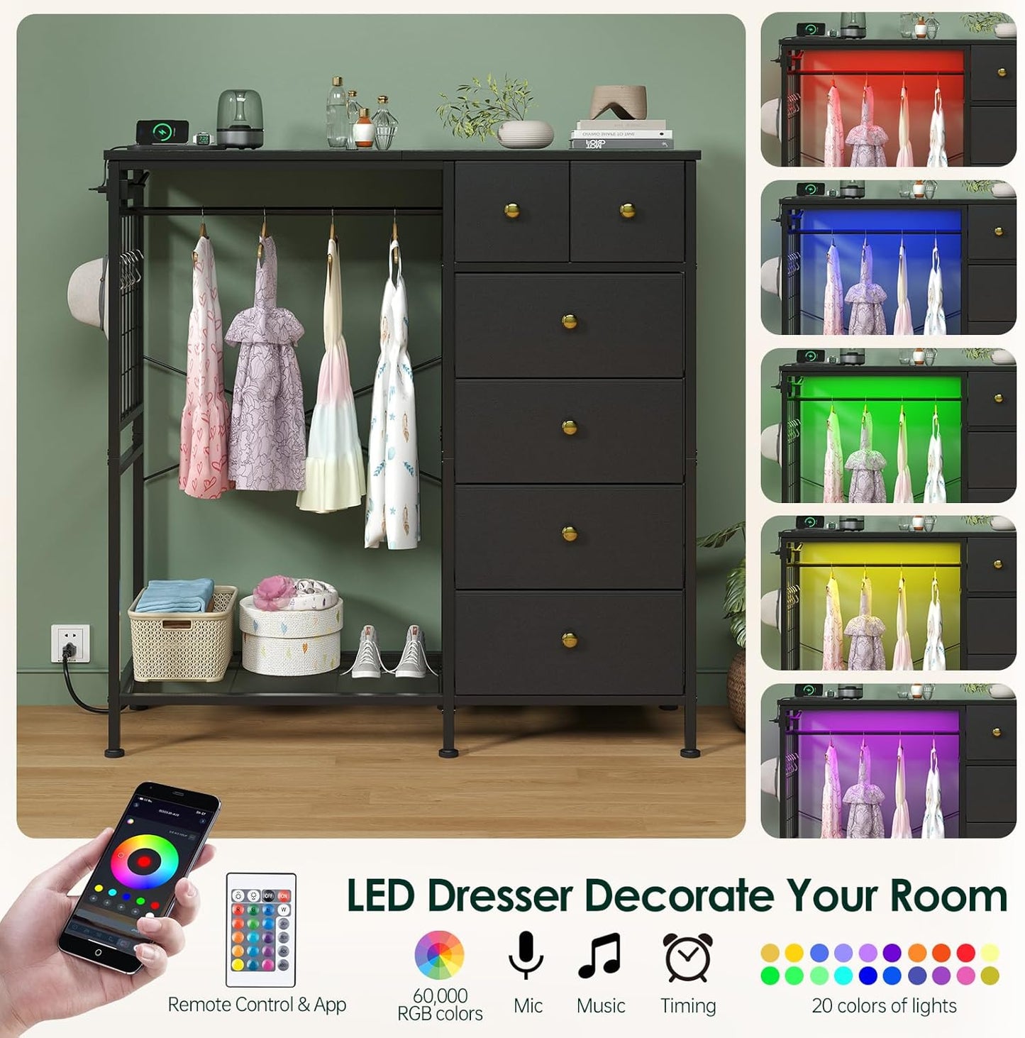47.2" White Dresser with Hanging Rack, 2 in 1 Bedroom 6 Drawers with LED Lights & Charging Station, Wooden with Fabric Drawers and Clothing Rack (-2)