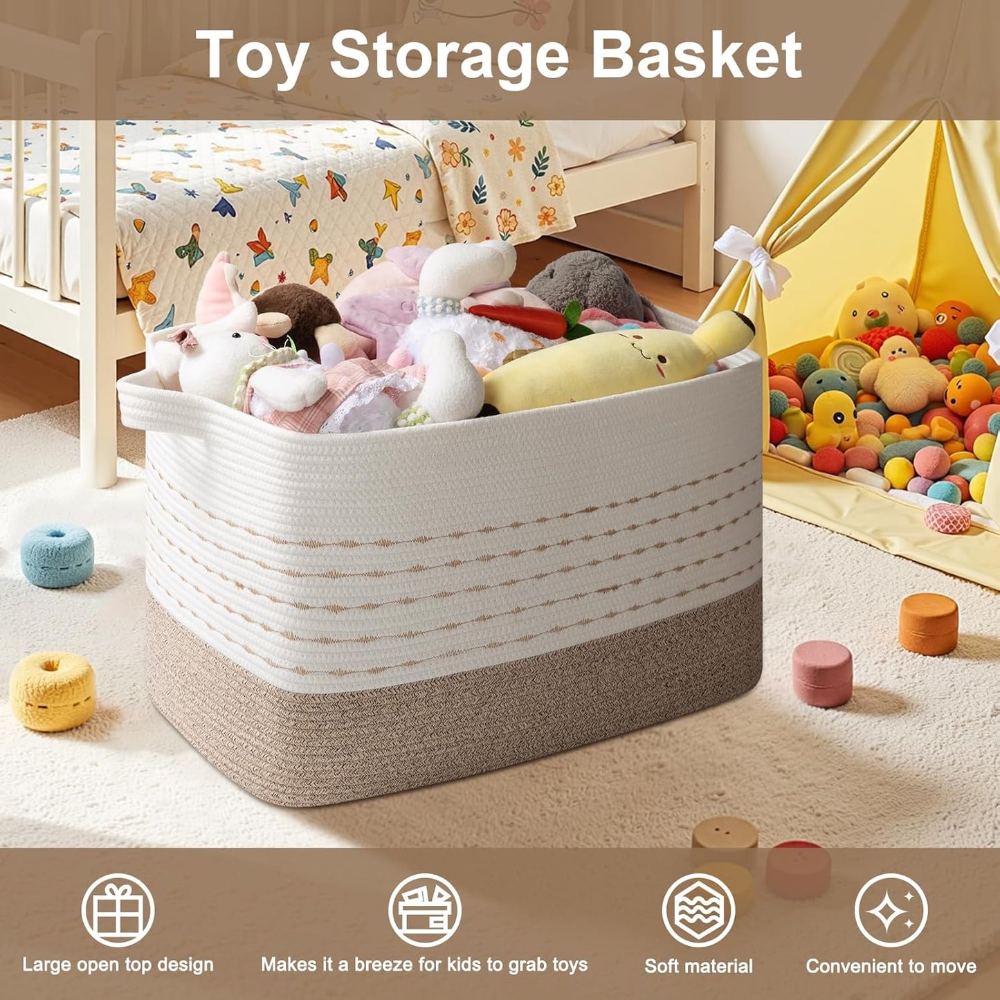 108L Extra Large Blanket Basket, 25”X16”X16” Rectangle Woven Cotton Rope Baskets for for Living Room, Toy Storage with Handle- Gradient Light Brown