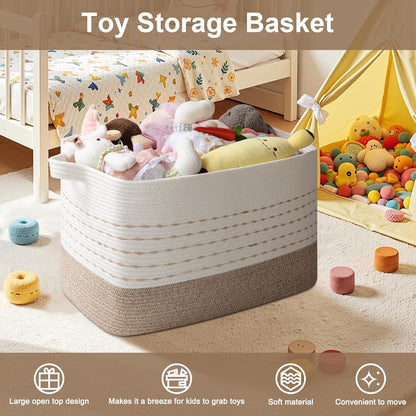 108L Extra Large Blanket Basket, 25”X16”X16” Rectangle Woven Cotton Rope Baskets for for Living Room, Toy Storage with Handle- Gradient Light Brown