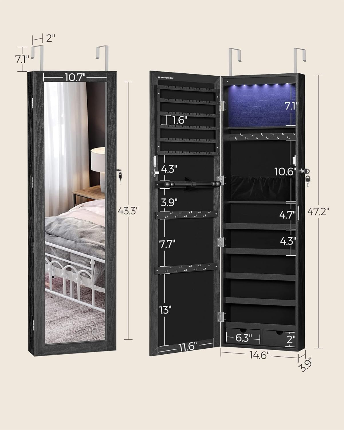 6 Leds Mirror Jewelry Cabinet, 47.2-Inch Tall Lockable Wall or Door Mounted Jewelry Armoire Organizer with Mirror, 2 Drawers, 3.9 X 14.6 X 47.2 Inches, Black UJJC093B01