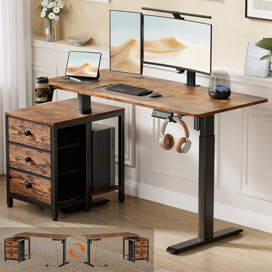 Electric Standing Desk with Drawers, 47 X 24 Inches Height Adjustable Sit Stand Desk with Storage, 3 Memory Preset Home Office Computer Desk, Printer Cabinet, Cable Management, Rustic Brown