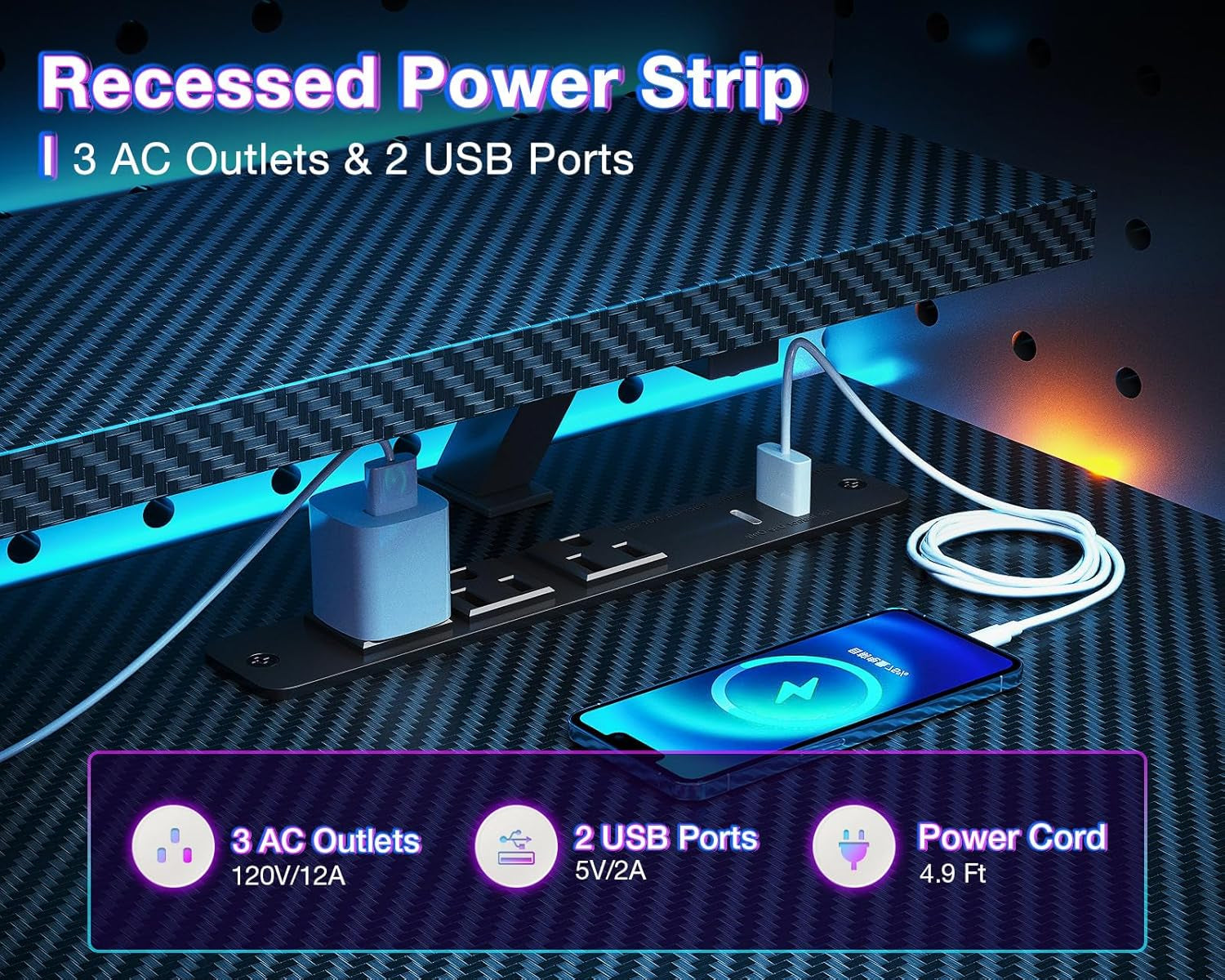 Reversible Gaming Desk LED Lights, 40 Inch Computer Desk with Storage Shelves & Monitor Stand, Study Table for Home Office, Small Space Bedroom, Carbon Fiber Black