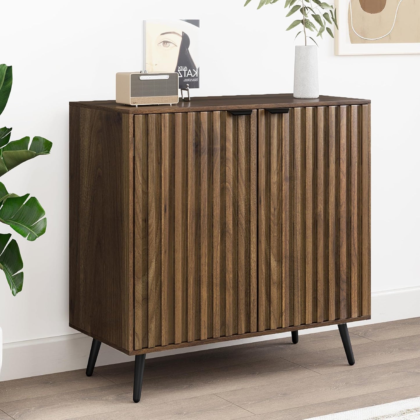 Fluted Sideboard Cabinet, Freestanding Walnut Buffet Cabinet with Adjustable Shelf, Wood Storage Cabinet for Living Room, Entryway, Hallway