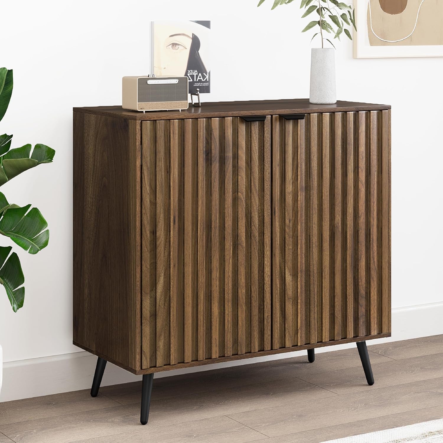 Fluted Sideboard Cabinet, Freestanding Walnut Buffet Cabinet with Adjustable Shelf, Wood Storage Cabinet for Living Room, Entryway, Hallway