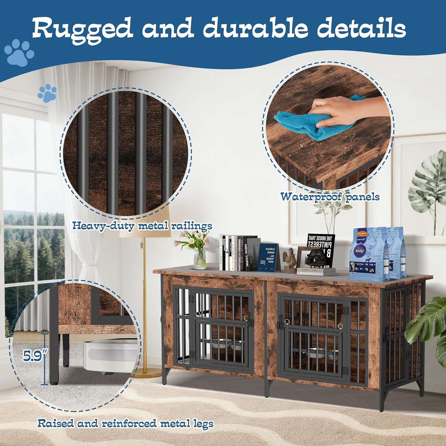 79" Dog Crate Furniture for 2 Dogs, Large Dog Kennel with 360° Rotating Feeder Bowls, Indoor Double Dogs Crates with 4 Doors, Wooden Crate TV Stand with Removable Divider