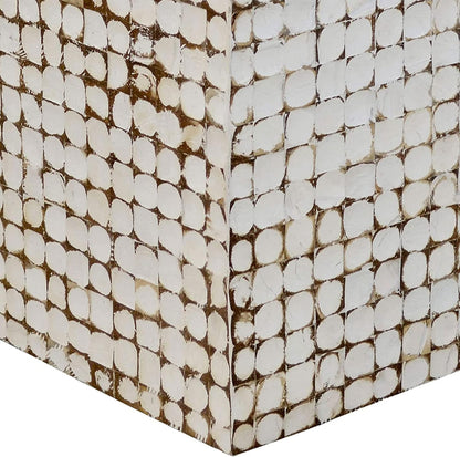 round Side Table - Real Coconut Shell Mosaic Inlaid, Pre-Assembled, Natural Wood and Patina Finish (White/Square)