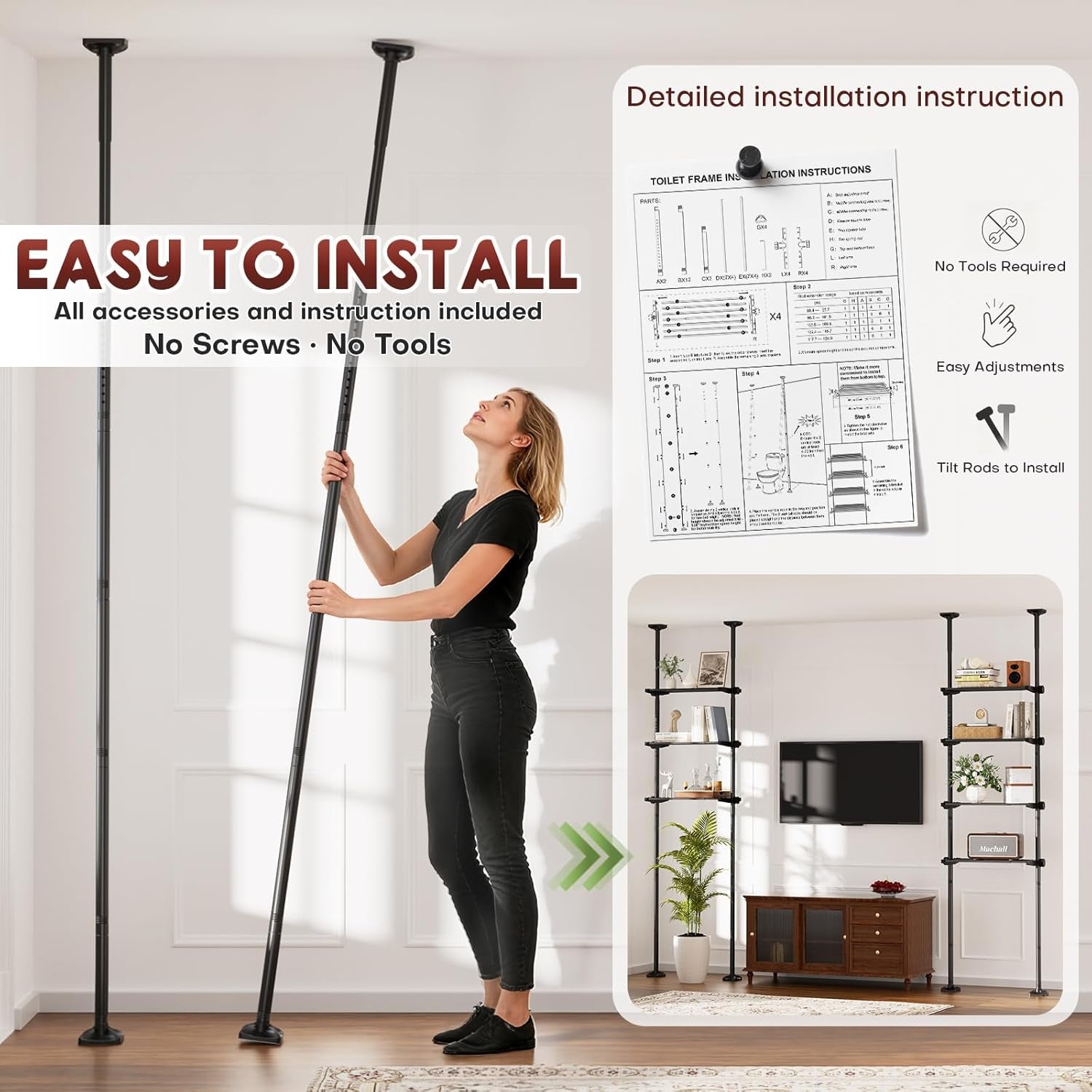 over the Toilet Storage Shelf, 4 Tier Bathroom Organizer Shelves with 64-124Inch(H) 15-27Inch(W) Adjustable No Drilling Tension Mounting, Black Space Saver Bathroom Shelf Rack above Toilet