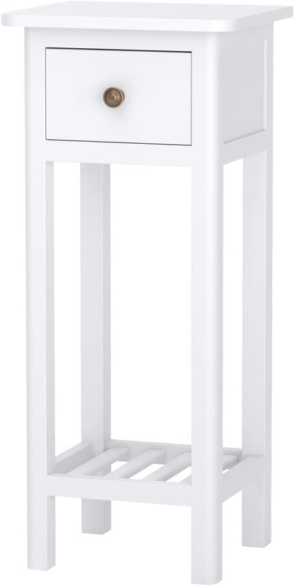 Tall End Table, Narrow Side Table with Drawer and Shelf, Acacia Wood Nightstand for Living Room, 2-Tier Bedside Table for Small Space, No Assembly, White