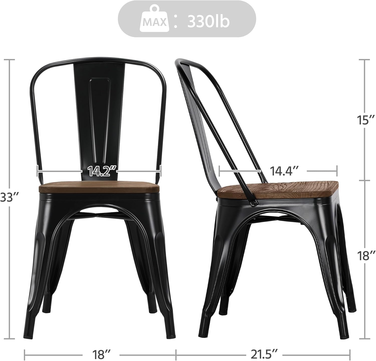 Metal Dining Chairs Set of 4, Industrial Stackable Kitchen Chairs with Wood Top Seat for Dining Room/Restaurant/Bistro/Patio, Indoor & Outdoor Use, Black
