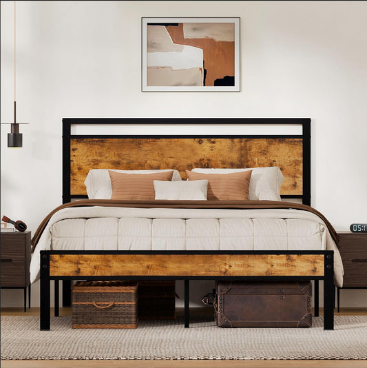 Easy Assembly Sturdy Metal Platform Bed, Queen Size Bed Frame with Headboard & Footboard, Anti-Slip & Silent Support, No Box Spring Needed with Underbed Storage, Modern Bedroom Furniture