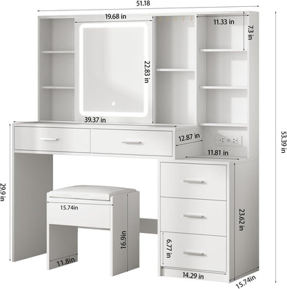 Vanity Desk with Mirror and Lights, Makeup Vanity with 5 Drawers, Makeup Desk with Charging Station and Ample Storage, Dressing Table with Chair for Bedroom Room (White)