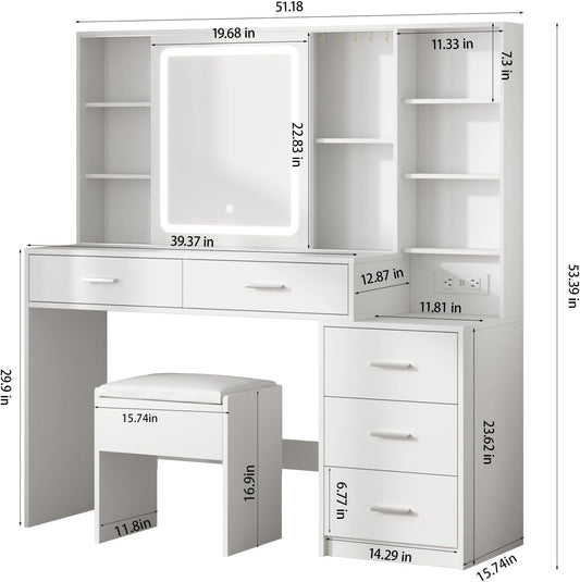 Vanity Desk with Mirror and Lights, Makeup Vanity with 5 Drawers, Makeup Desk with Charging Station and Ample Storage, Dressing Table with Chair for Bedroom Room (White)