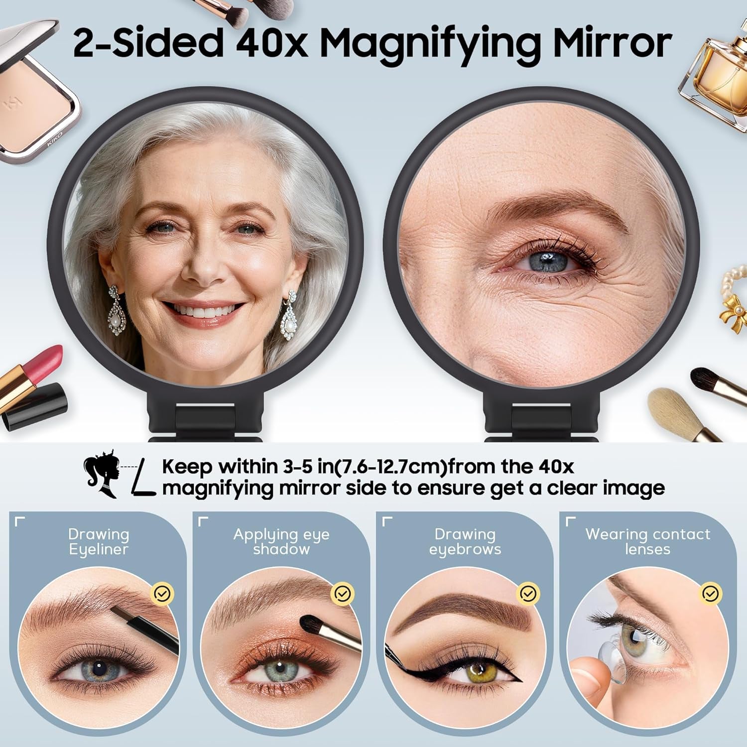 40X Magnifying Mirror, Hand Mirror for Makeup, Double Sided with 40X/1X Magnification, Travel Essential, Portable Foldable for Desktop and Bathroom, Gift for Women, Frosted Black