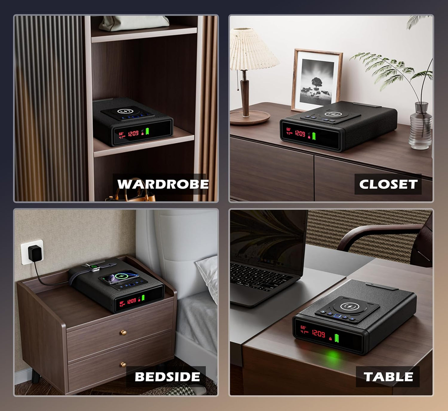 Biometric Alarm Clock Safe with Wireless Charging for Phone and Watch, 3 Quick Access Stopbox with Fingerprint Backlit Keypad - Compact Nightstand Drawer with LED Light, 24/7 Digital Clock, Bedside