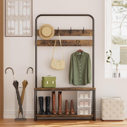 Hall Tree with Shoe Bench & Storage, Industrial Coat Rack Entryway Organizer, 7 Hooks with 10 Hanging Points, Rustic Brown, 39.9"X11.9"X72"