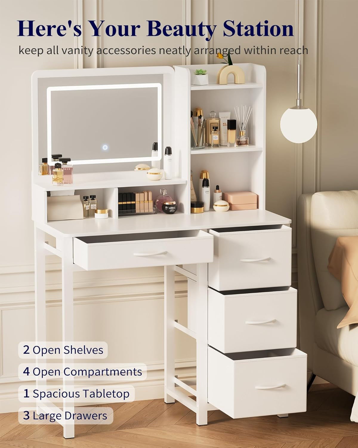 Vanity Desk with Mirror and Lights - Large Capacity Makeup Vanity with 4 Fabric Storage Drawers & 3 Lighting Modes, Vanity Table Set with Sturdy Metal Frame for Bedroom, White, 35" X 17" X 52"