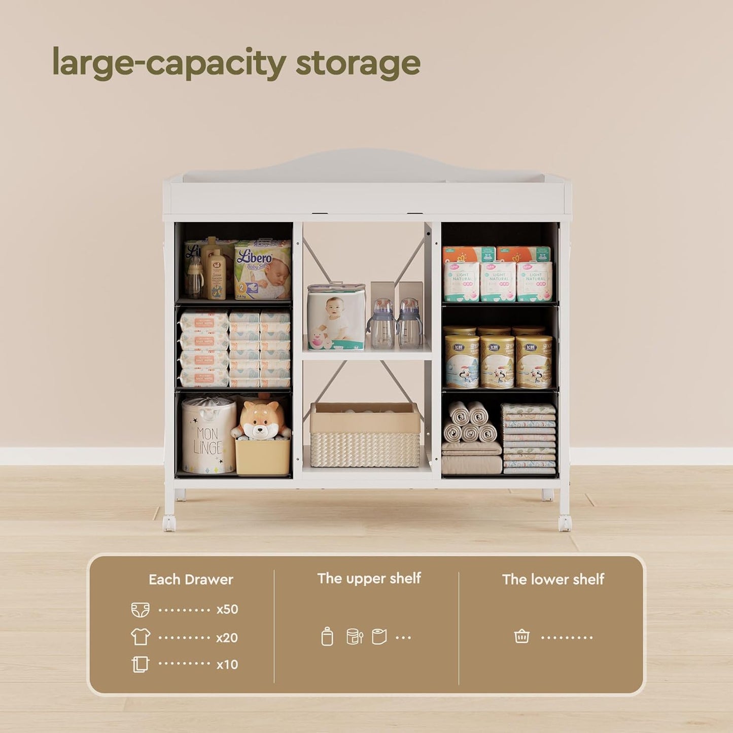 Changing Table, 6-Drawer Baby Dresser with Changing Table Top, Waterproof Diaper Changing Station & Pad, 2 Height-Adjustable Open Storage Shelves, Mobile Nursery Organizer, White