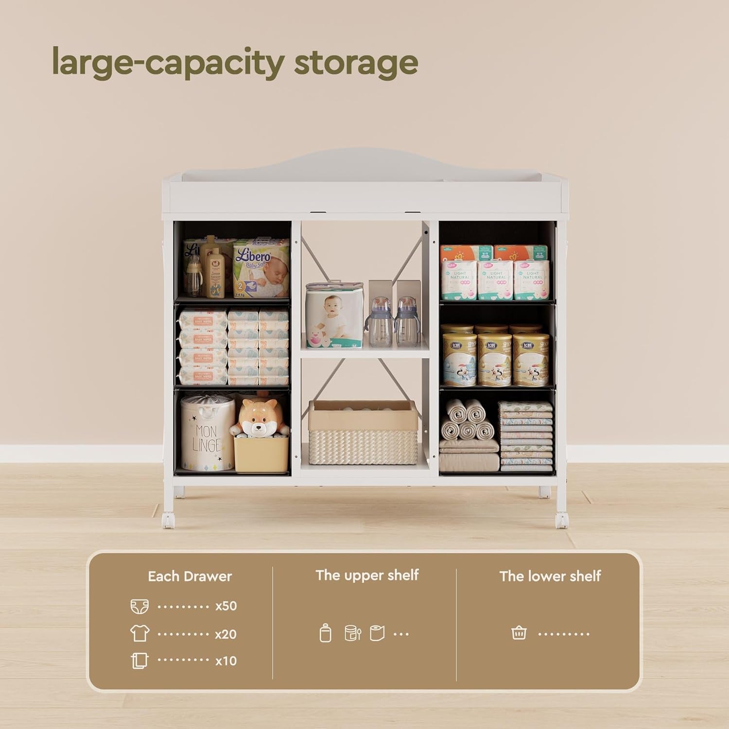 Changing Table, 6-Drawer Baby Dresser with Changing Table Top, Waterproof Diaper Changing Station & Pad, 2 Height-Adjustable Open Storage Shelves, Mobile Nursery Organizer, White